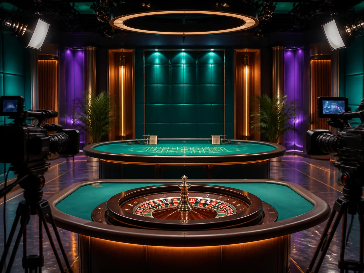 Studio kasino langsung kosong dengan meja roulette dan kamera