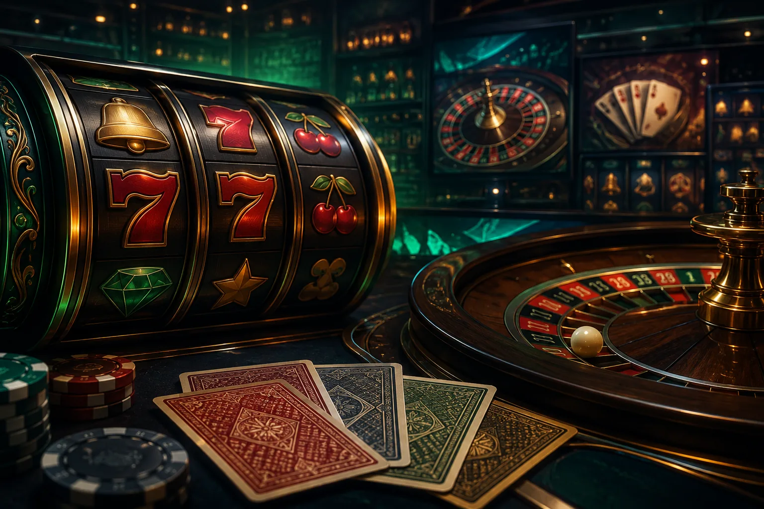 Komposisi slot, roulette, kartu, dan chip sebagai kategori permainan